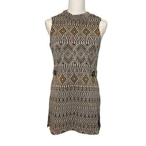 NWT Mustard Gold Gray White Knit Retro Shift Dress Geometric Print Buttons New